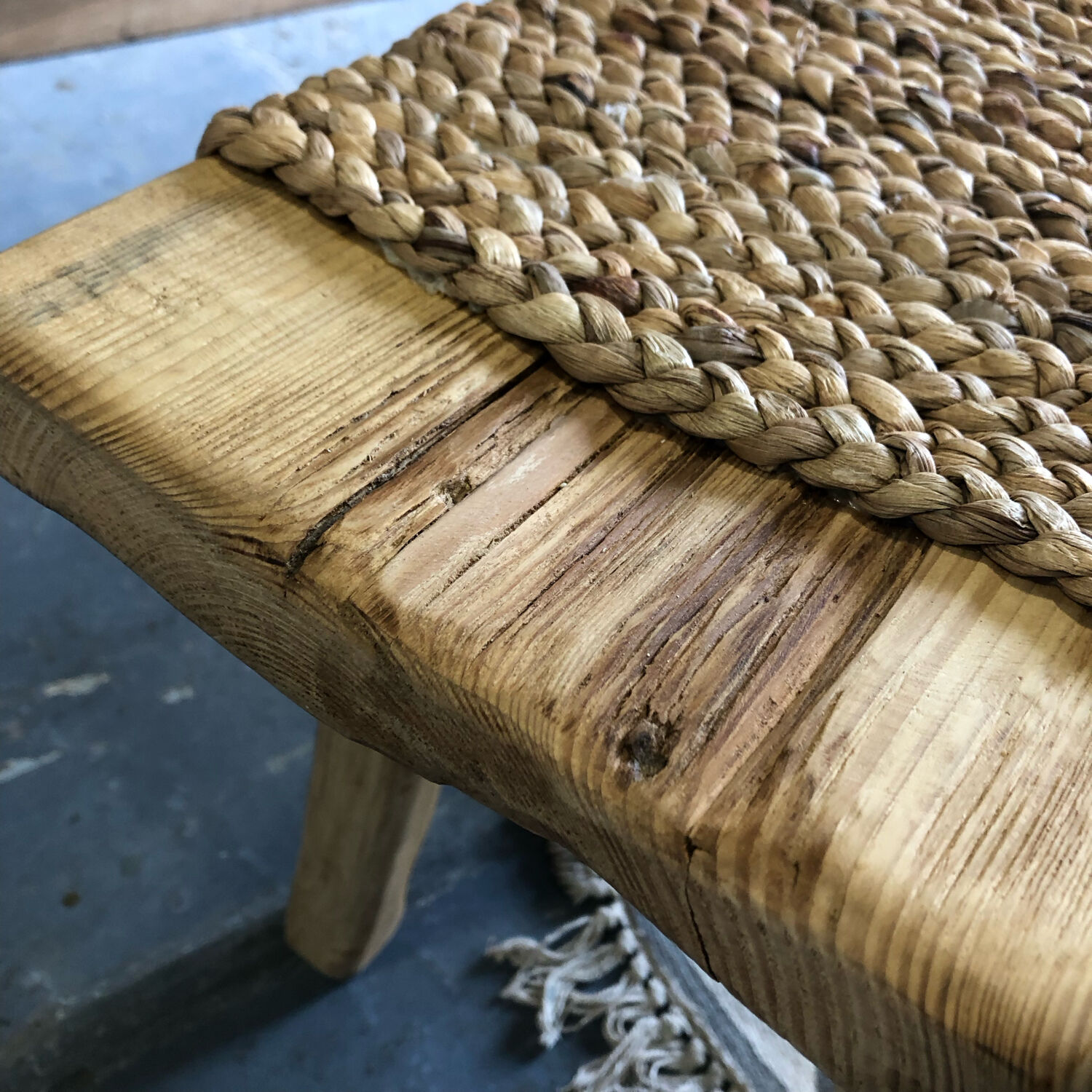 Handmade bench, wood and water hyacinth