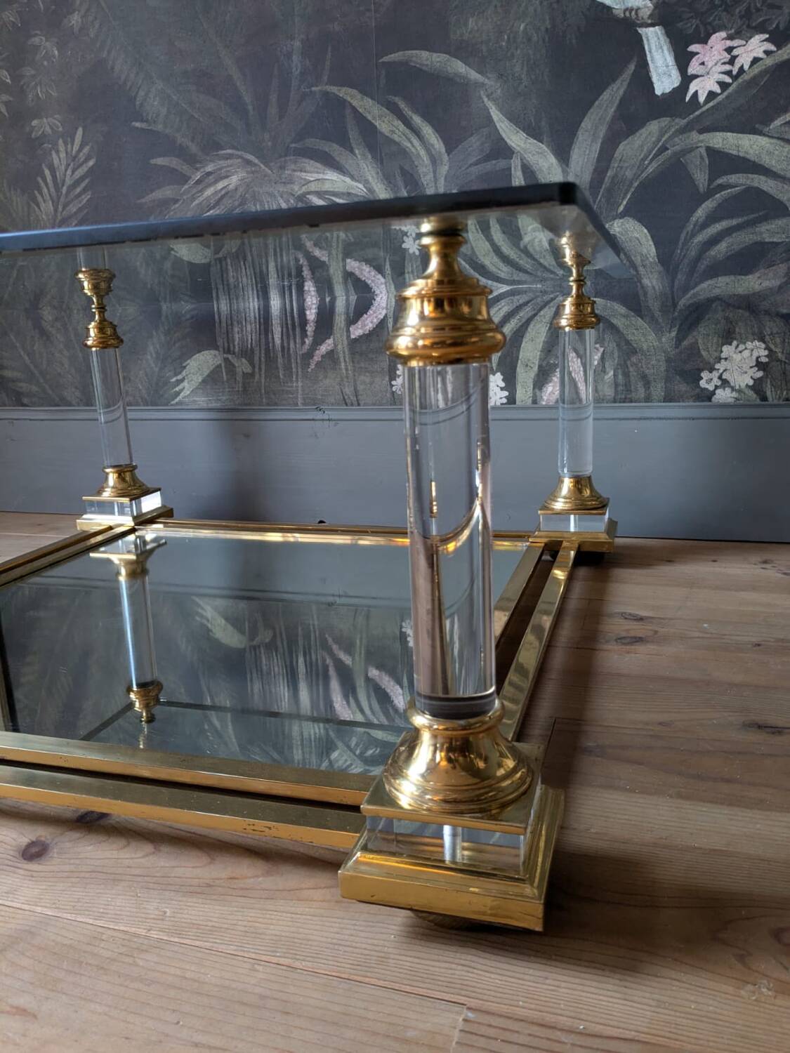 Designer coffee table in plexiglass and brass from the 70s DLG Maison Charles