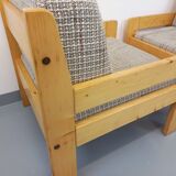 Set of 2 vintage fireside chairs in pine and fabric from the 70s
