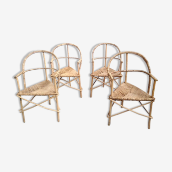 Lot de 4 chaises vintage bois et rotin