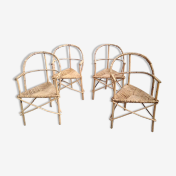 Set of 4 armchairs vintage wood and rattan