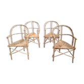 Set of 4 armchairs vintage wood and rattan