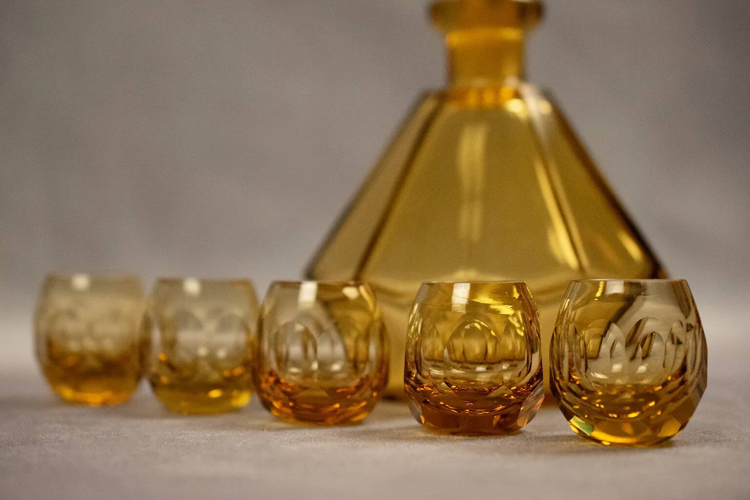 Art Deco Moser liqueur set in frosted orange glass