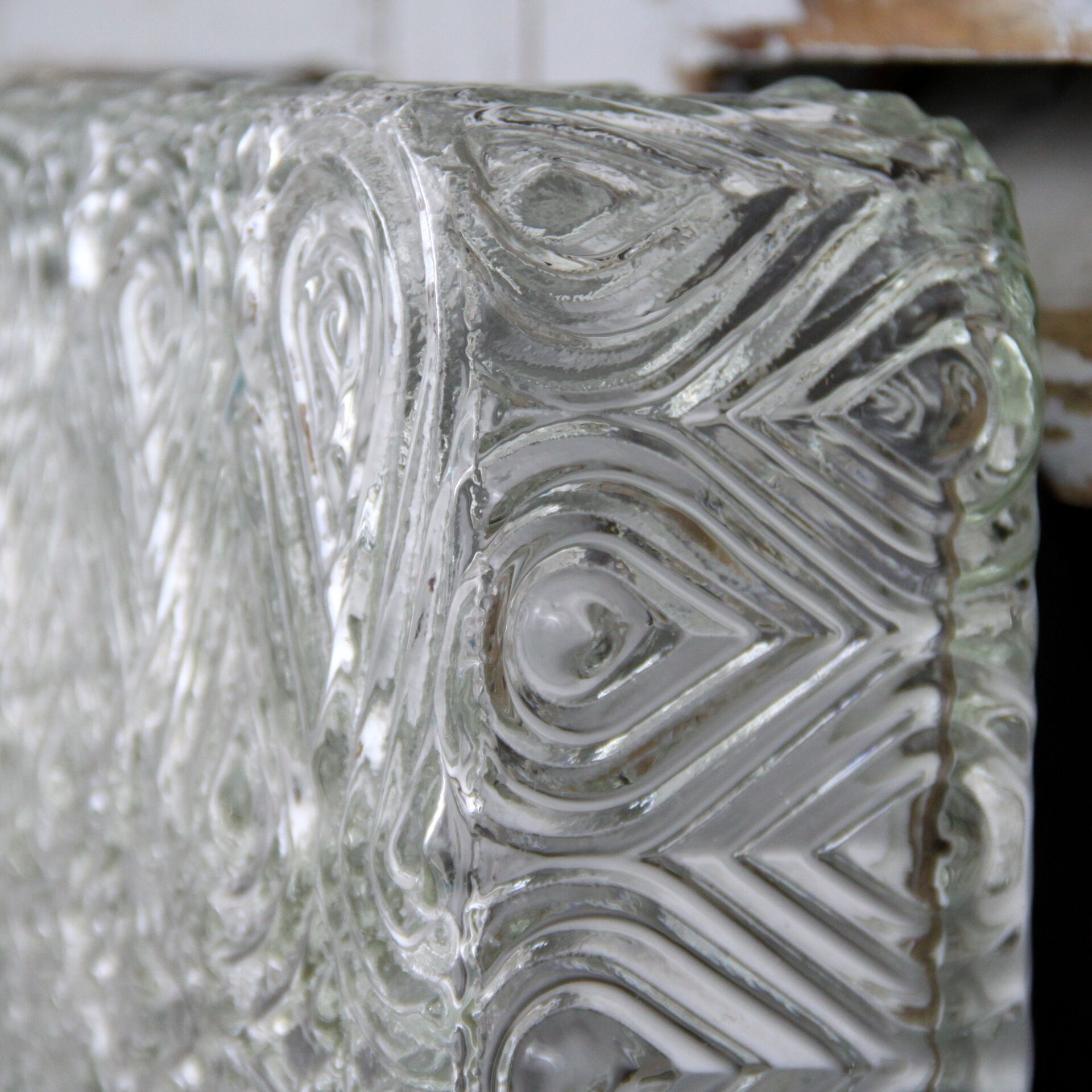 Square ceiling light, thick old glass, vintage