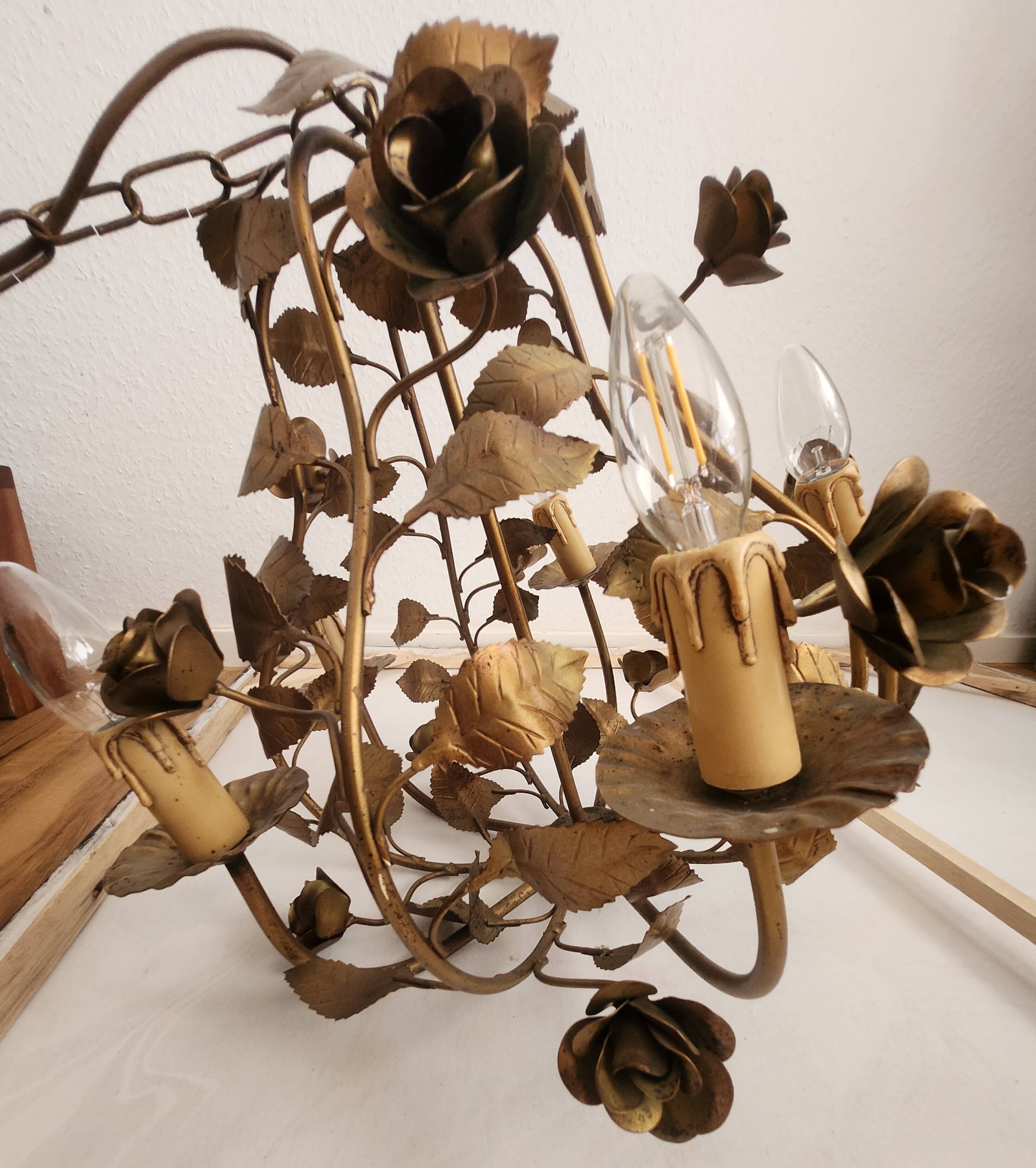Chandelier hand-forged Hollywood Regency rose leaf decorations