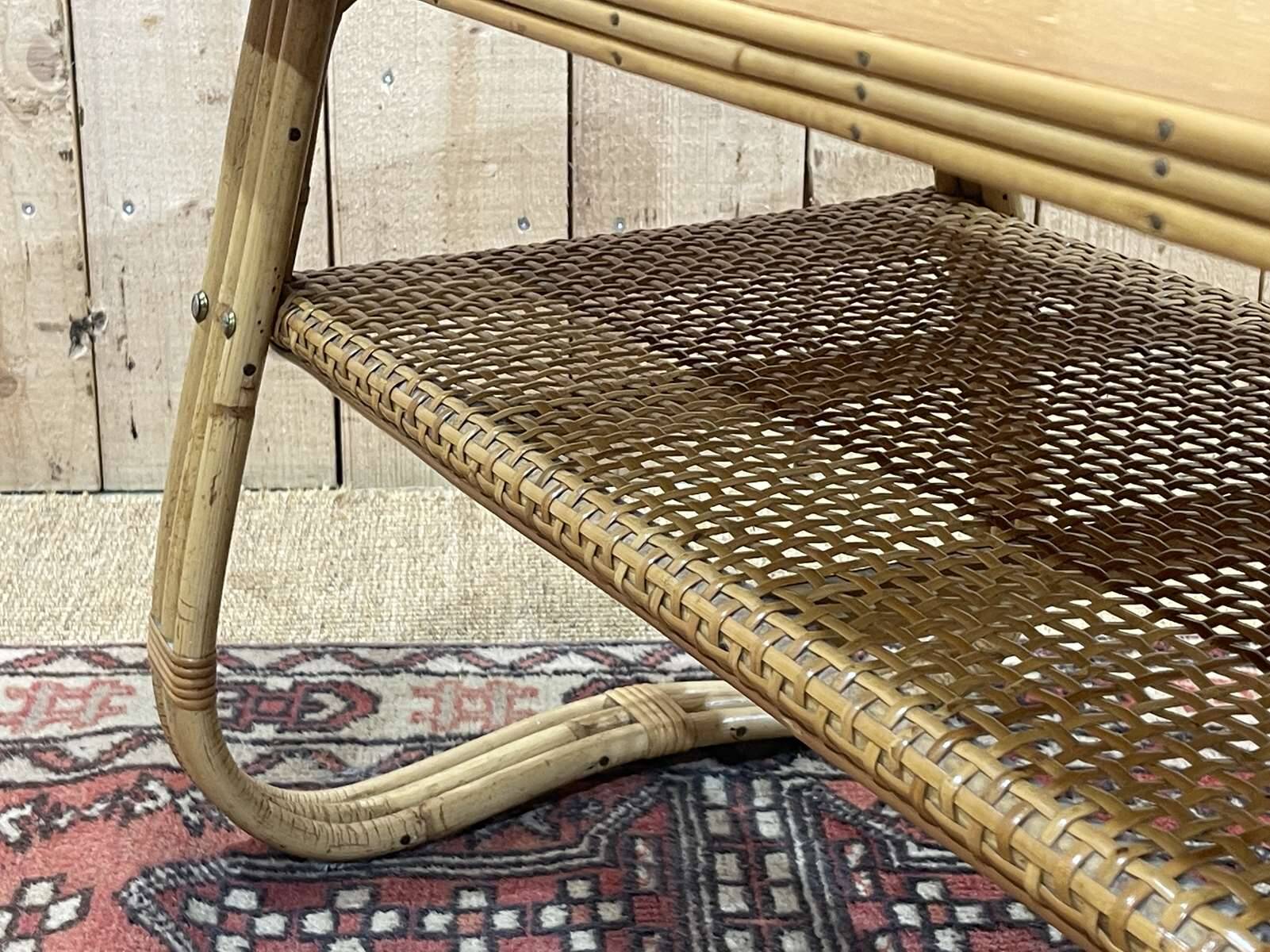 Rattan coffee table and caned shelf from the 1970s.
