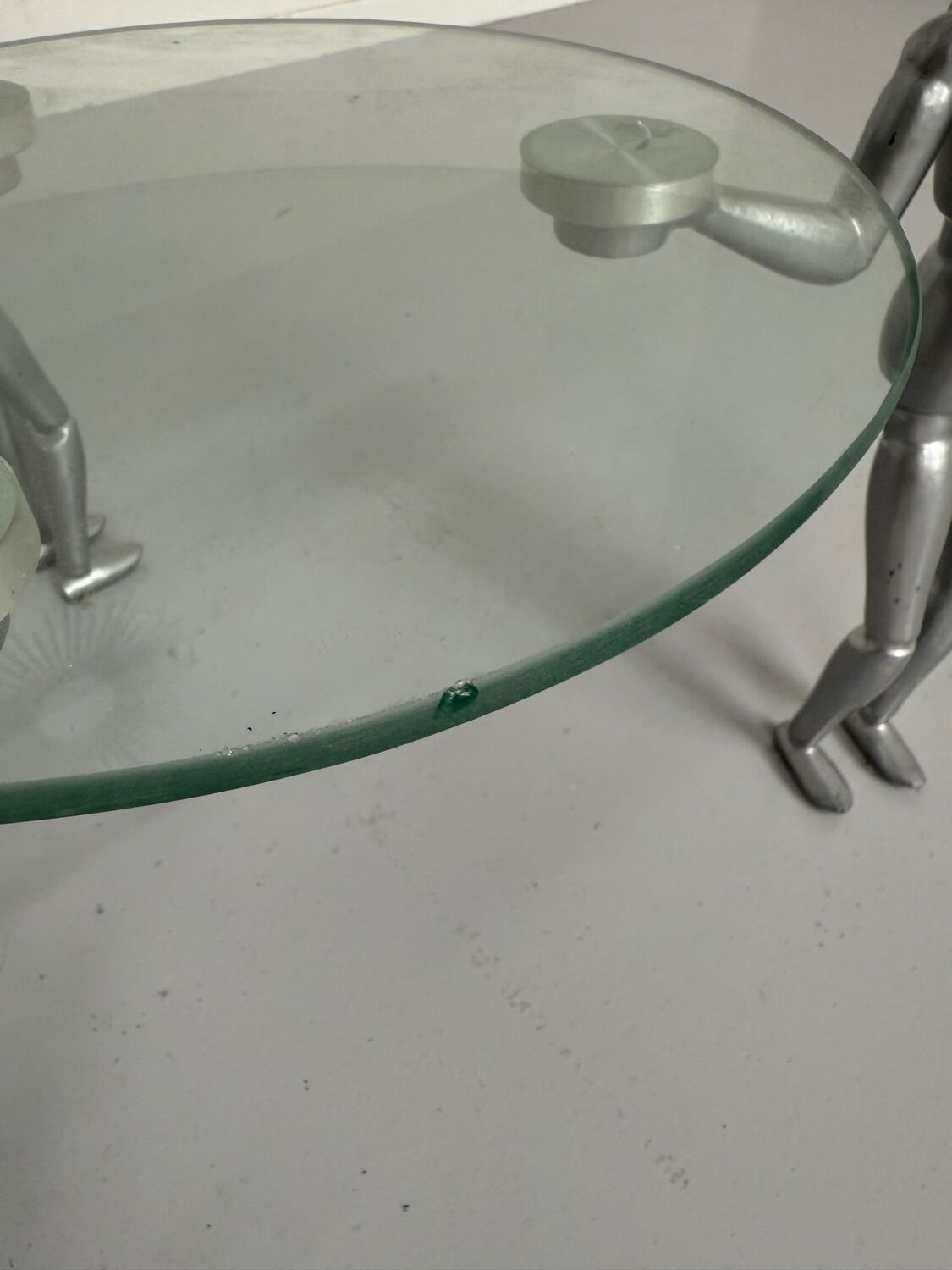 80s design glass and metal coffee table with vintage metal characters