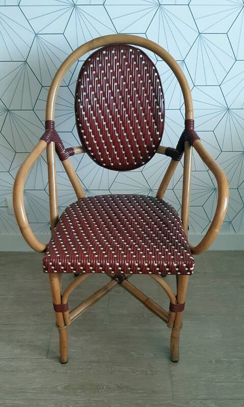 Vintage Parisian bistro armchair in rattan/bamboo and woven nylon.