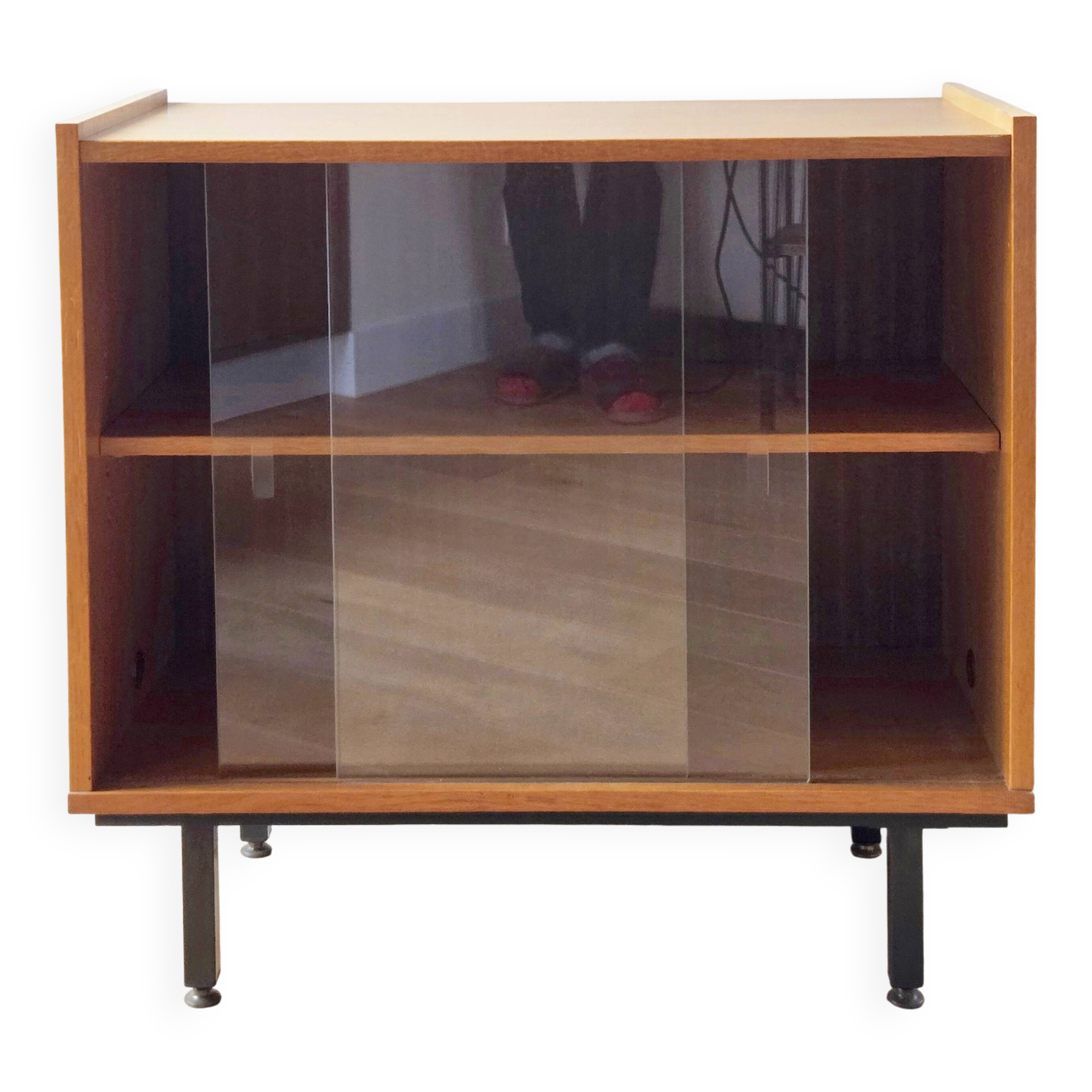 Low buffet or wooden display cabinet with sliding door - 1950s design