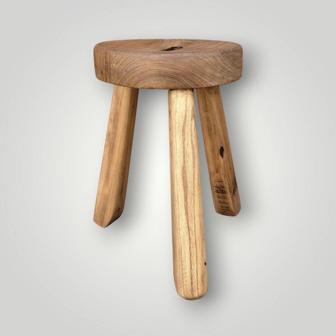 Antique brutalist tripod stool in solid wood