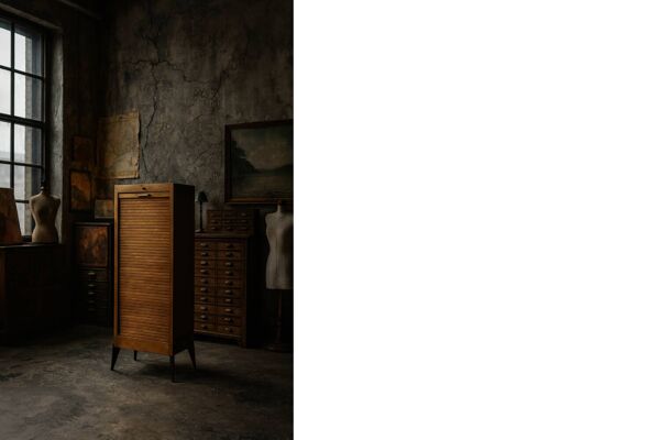 Vintage Industrial Danish Roller Shutter Brown Oak Cabinet with Drawers