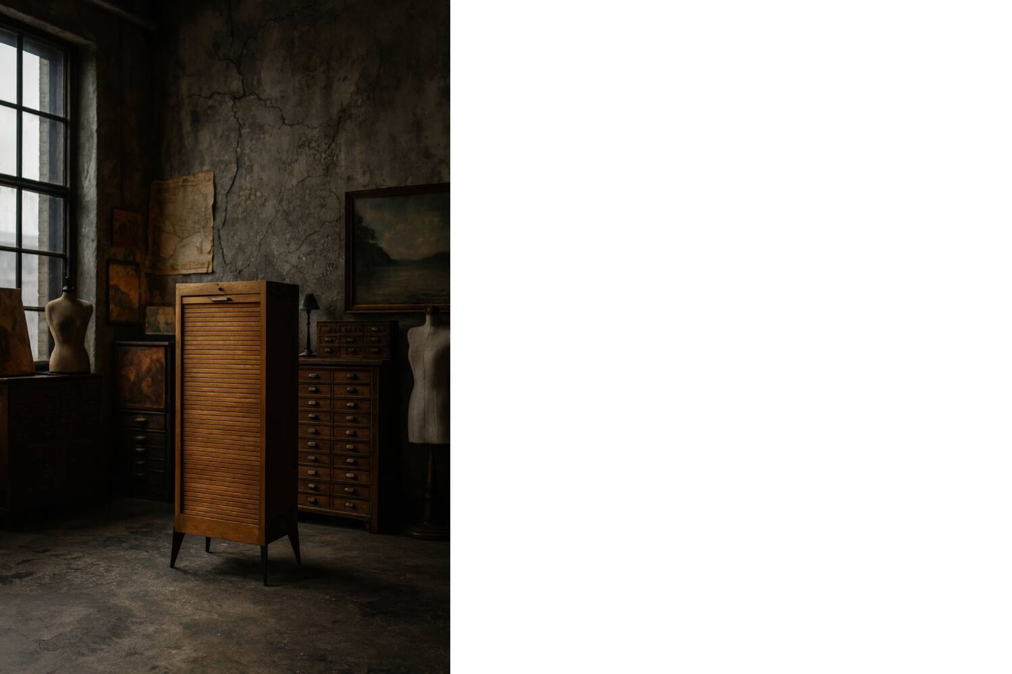 Vintage Industrial Danish Roller Shutter Brown Oak Cabinet with Drawers