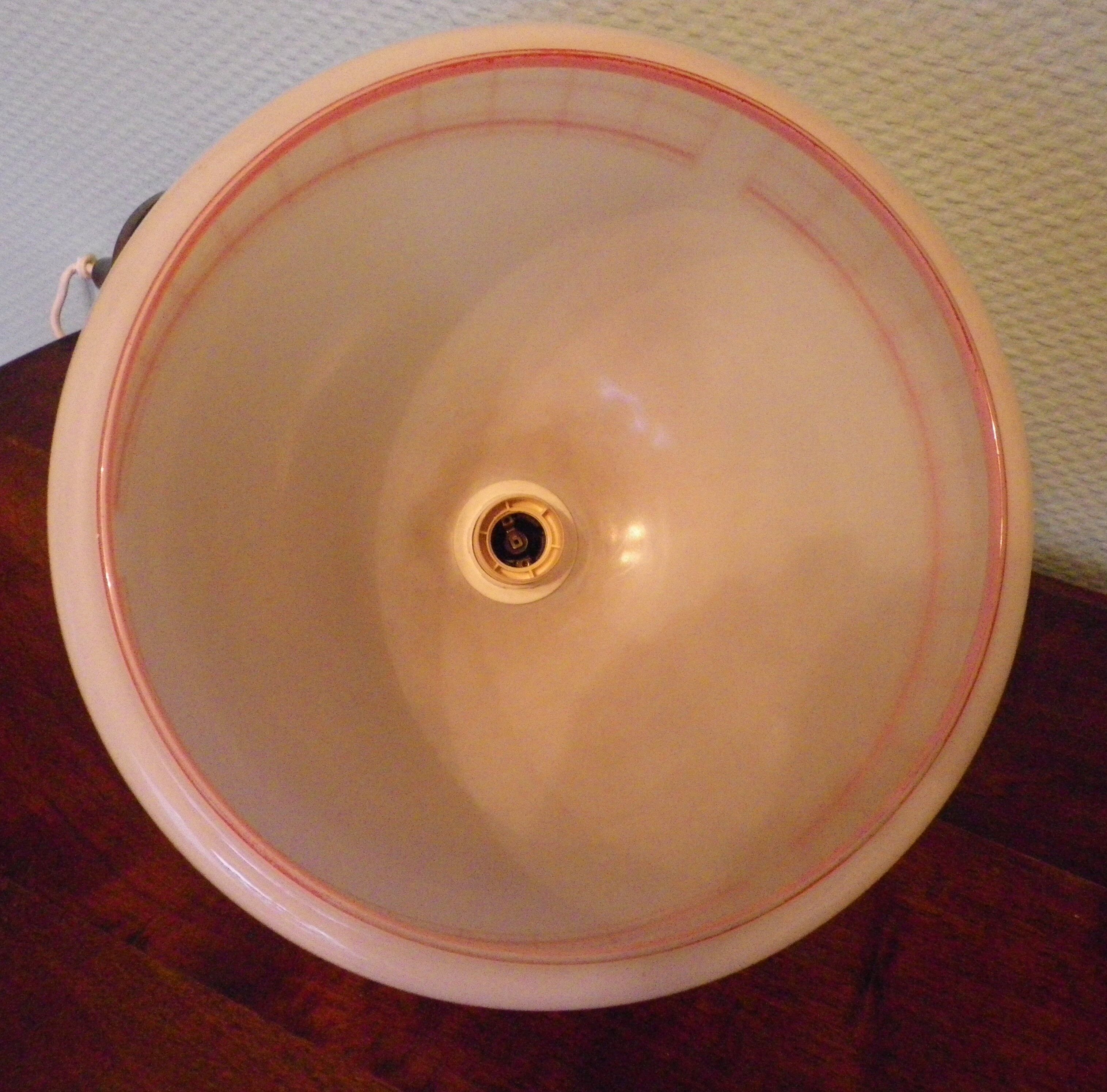 Space age pendant lamp, white opaline with orange silkscreened geometric designs