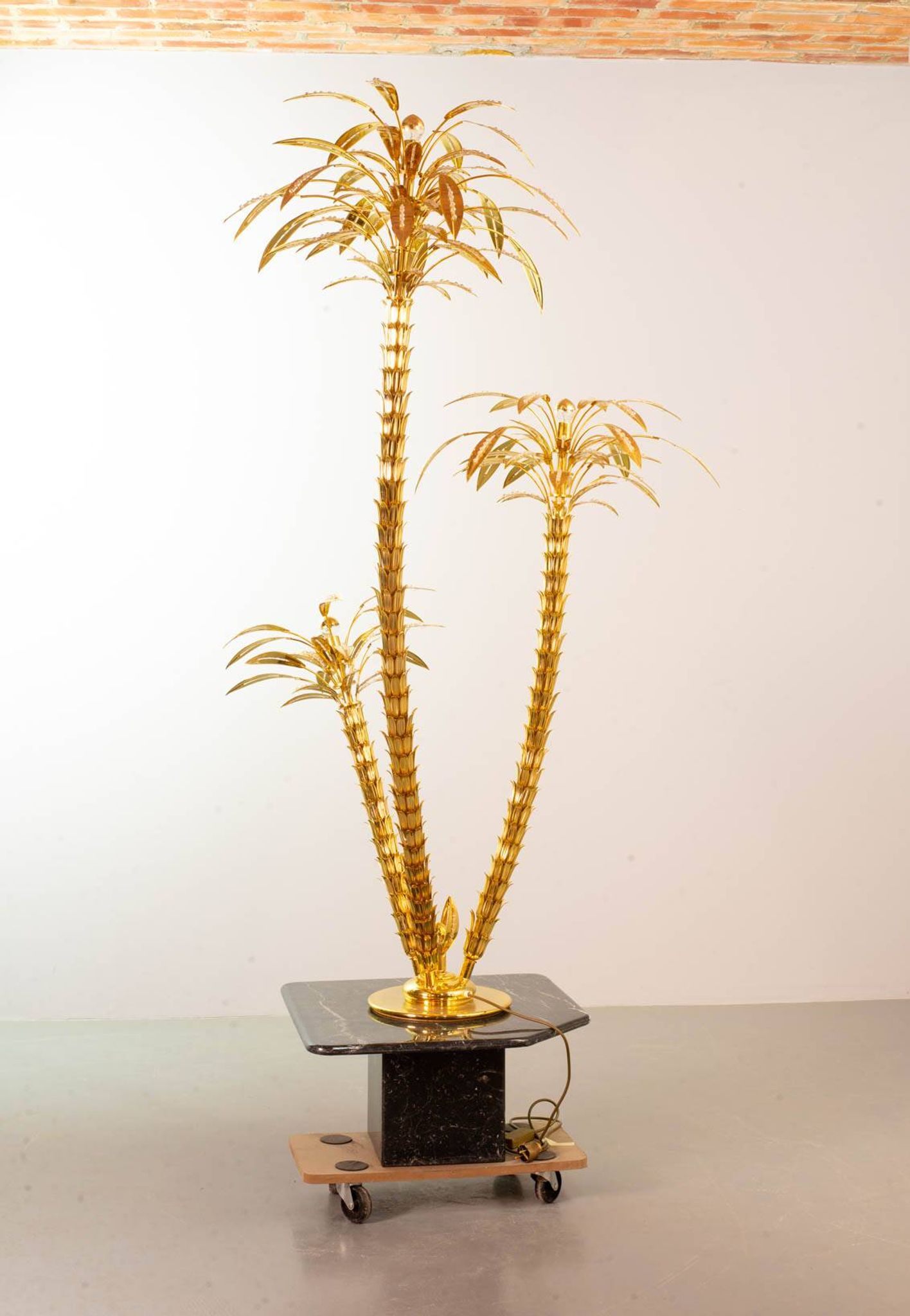 Exquisite Italian Golden Palm Tree Floor Lamp with 3 Sparkling Branches 70s