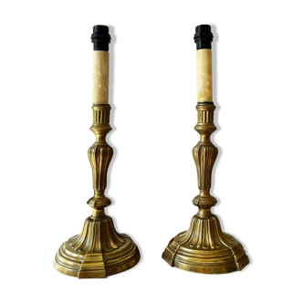 Pair of brass candle holder mounted in lamp