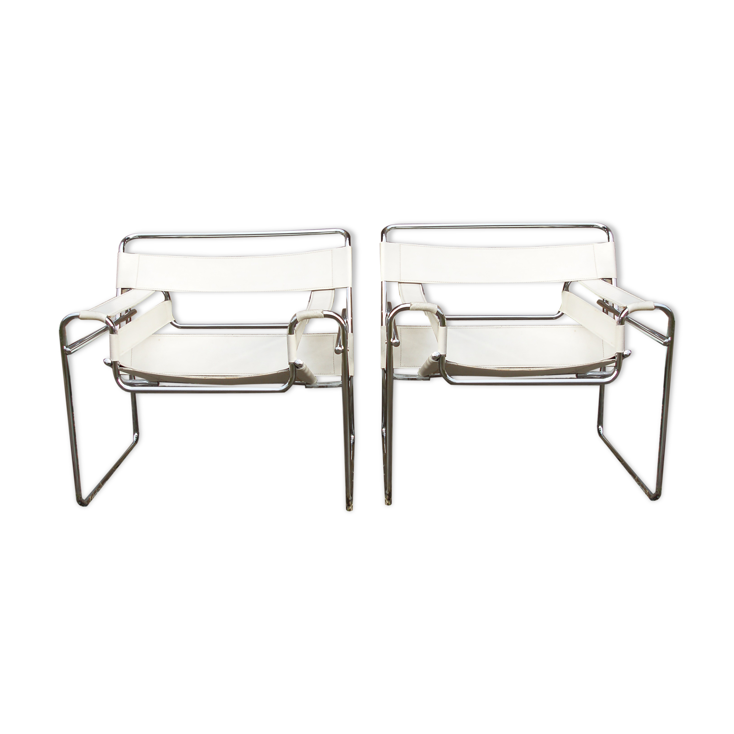 Marcel Breuer's Wassily B 3 armchairs pair in white and chrome leather