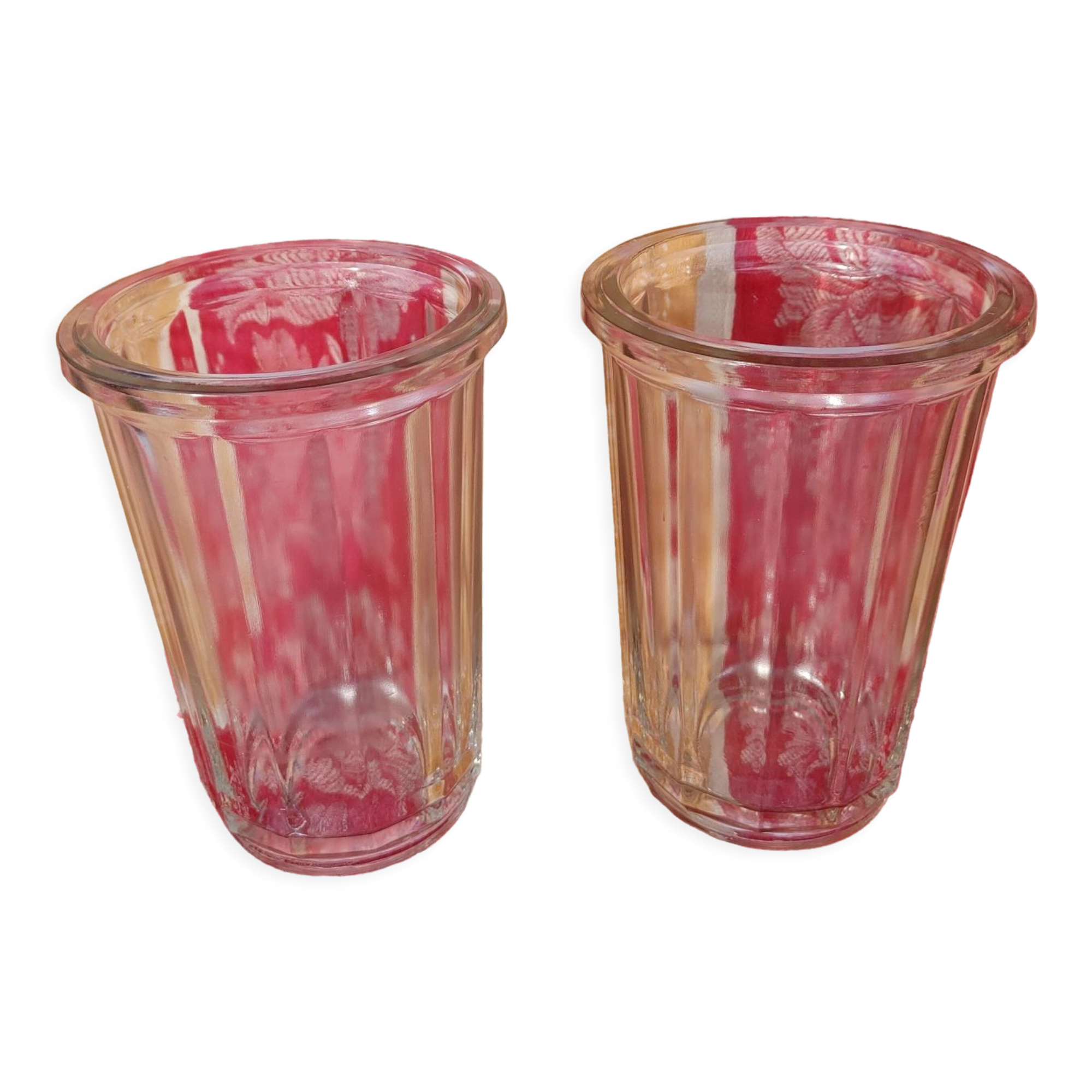 2 antique glass jam jars with ribs