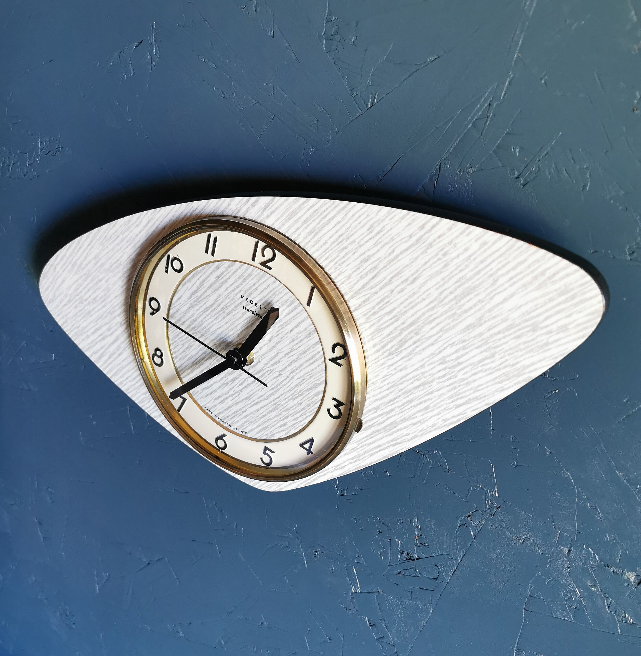 Vintage formica clock asymmetrical silent wall clock "Vedette transistor gray"