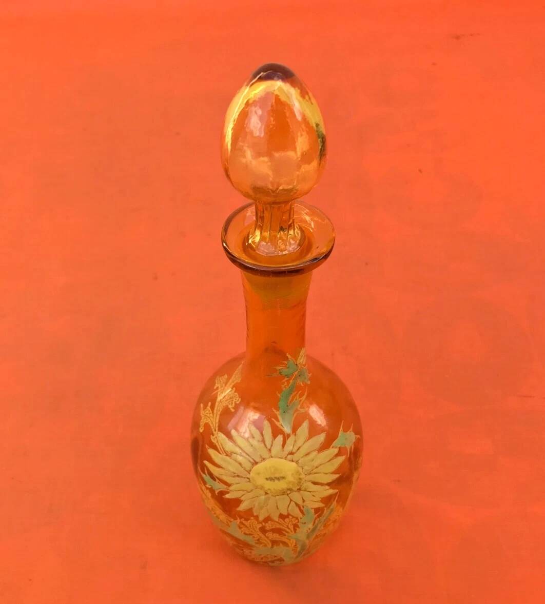 1900s Liqueur Decanter Blown and Enameled Amber Glass