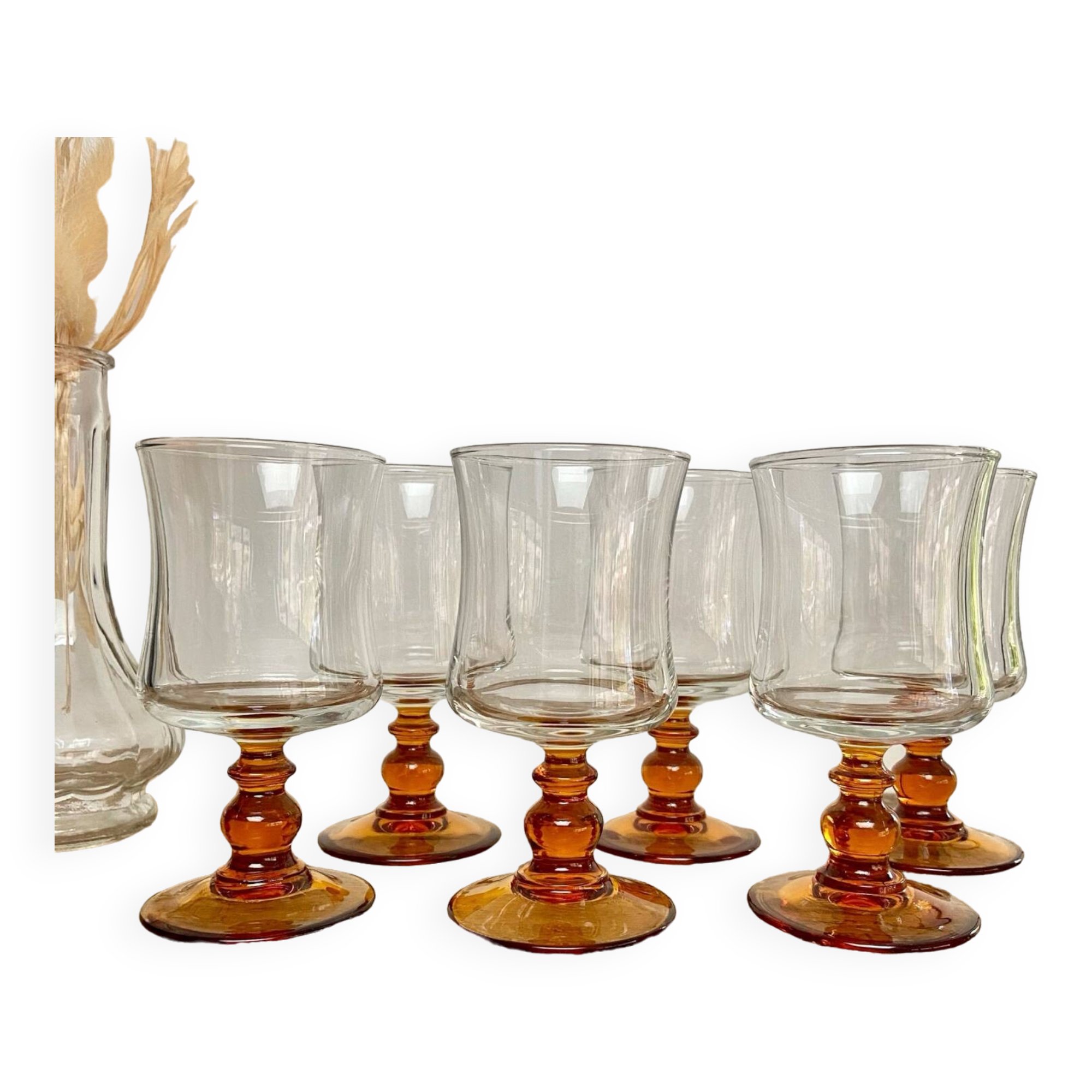6 small amber stemmed glasses