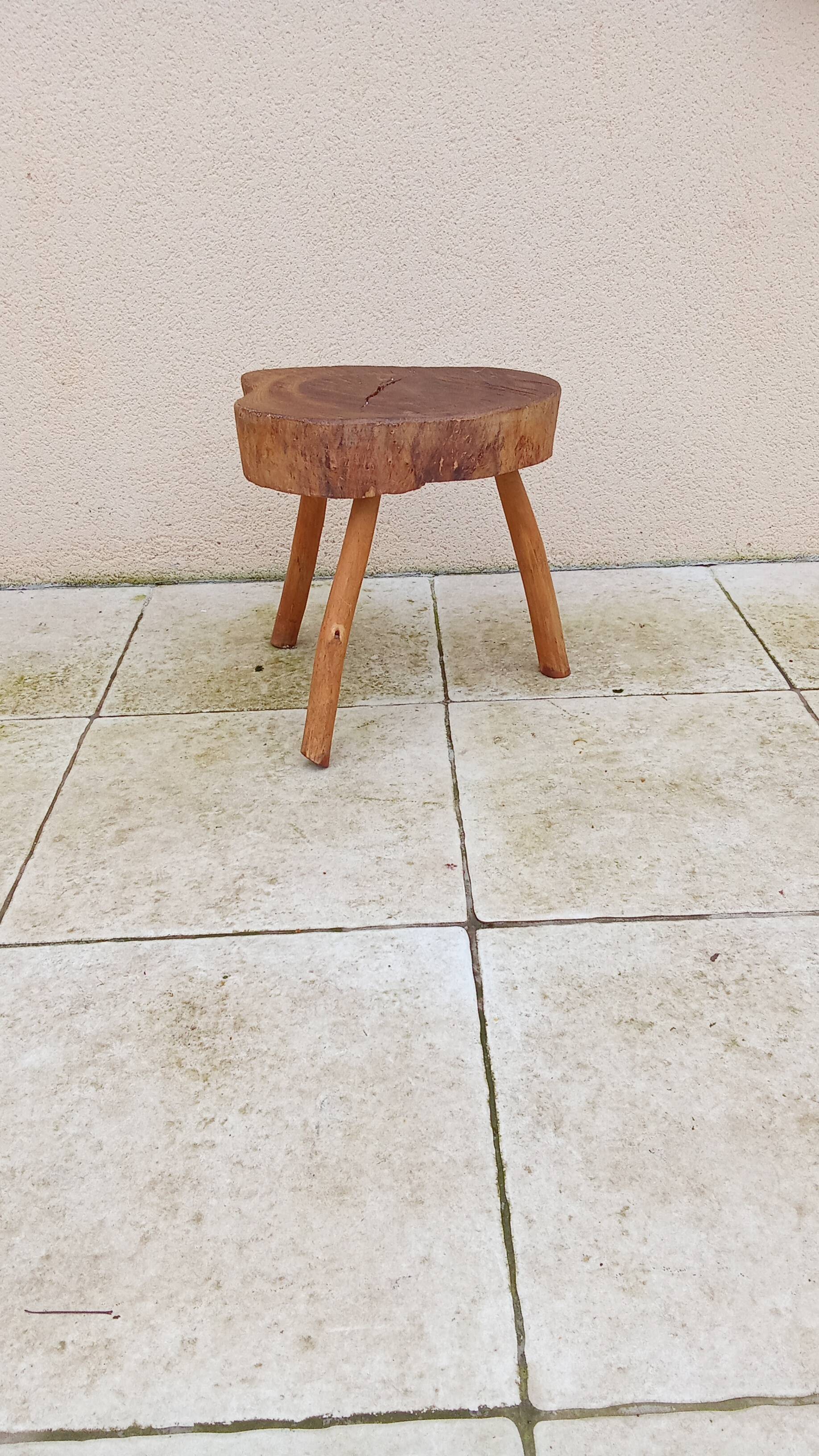 small vintage brutalist wooden tripod side table
