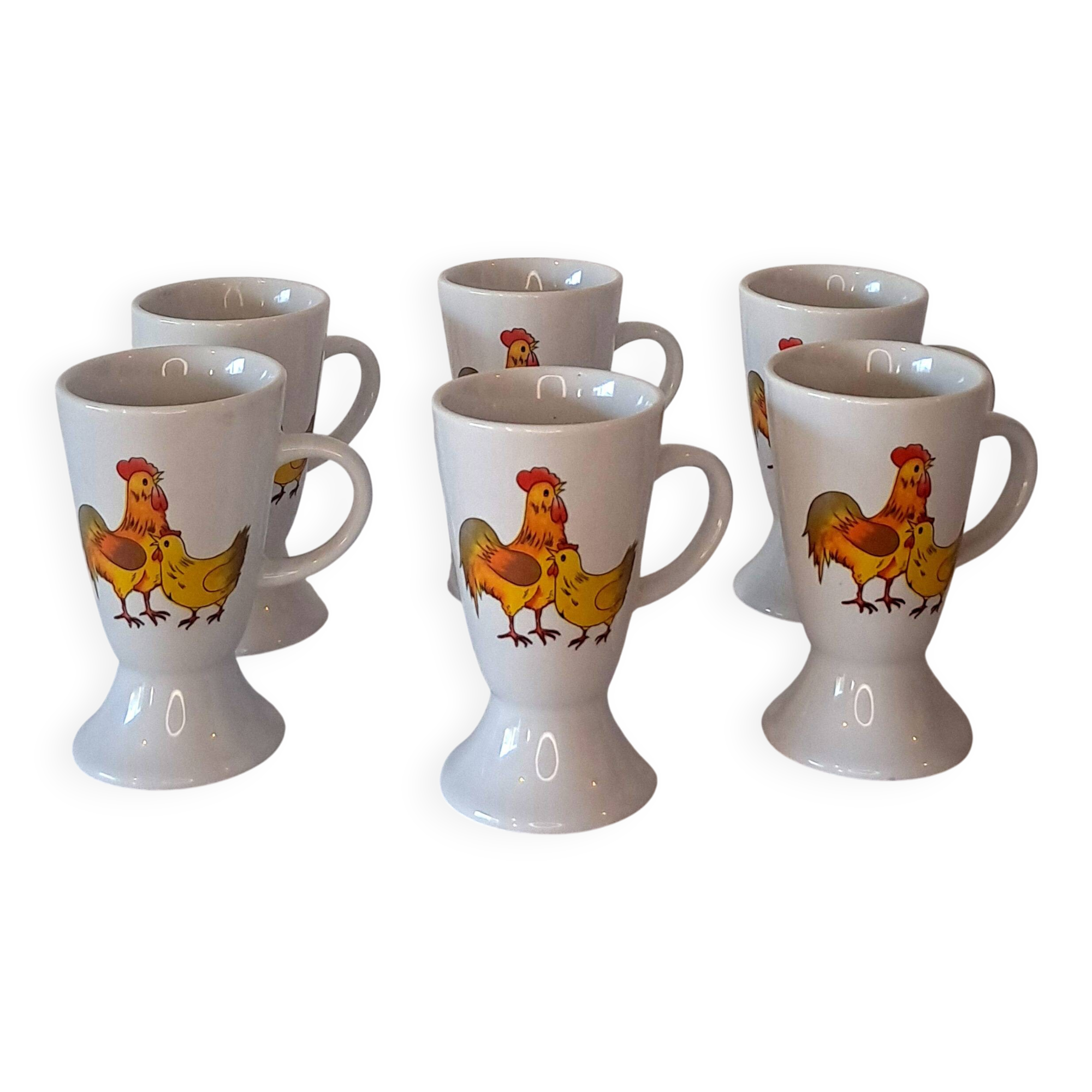 Set of 6 vintage ceramic mugs - rooster & hen motif - retro country style