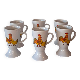 Lot de 6 mugs vintage en céramique -motif coq & poule -style campagne rétro