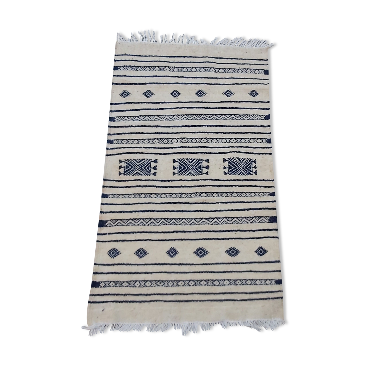 Kilim traditional white and blue handmade carpet 205x110cm