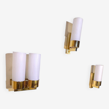 Set of three brass and opaline sconces, mid-century France