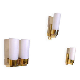 Set of three brass and opaline sconces, mid-century France