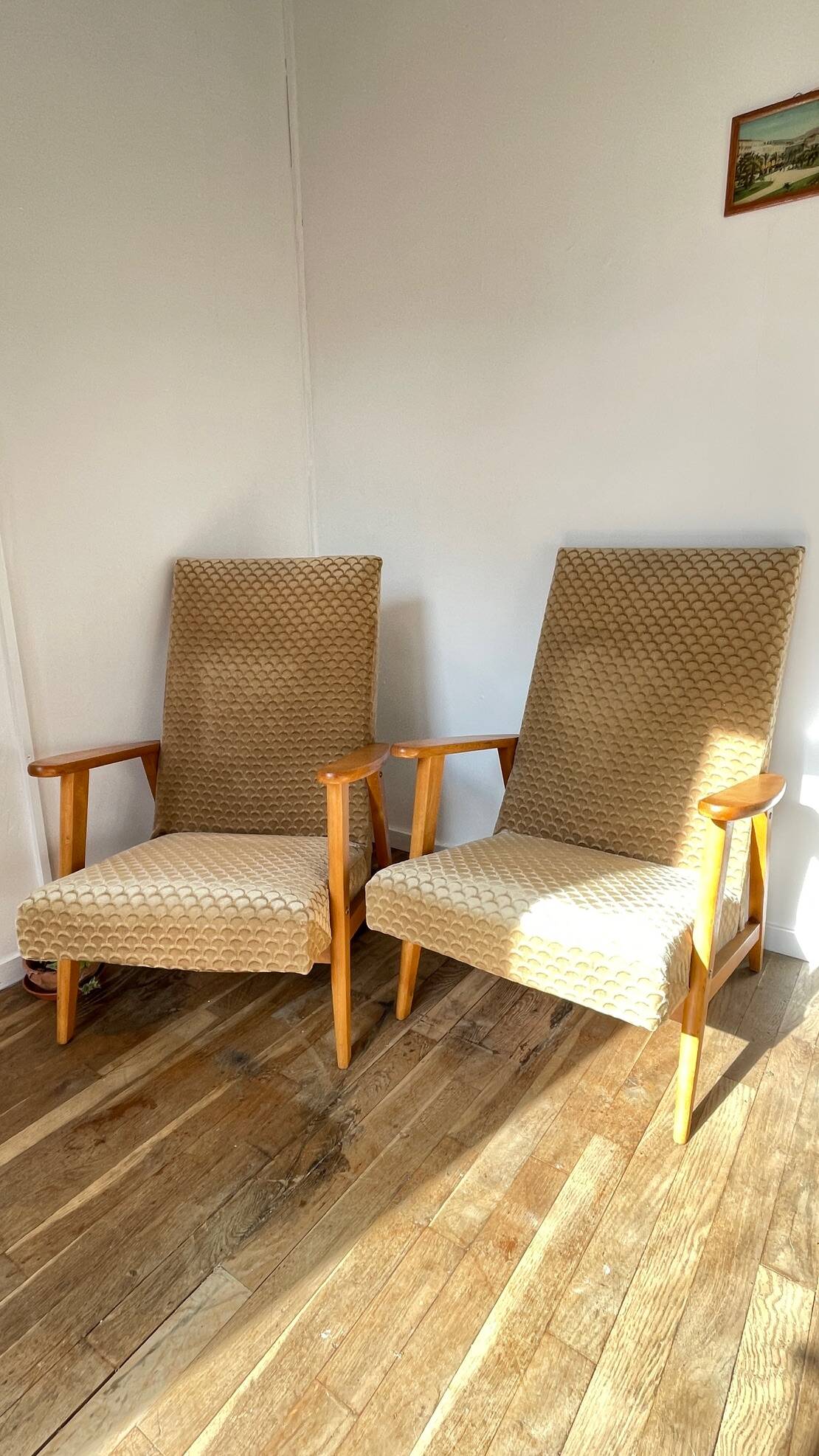 Pair of Manucere armchairs with vintage compass legs