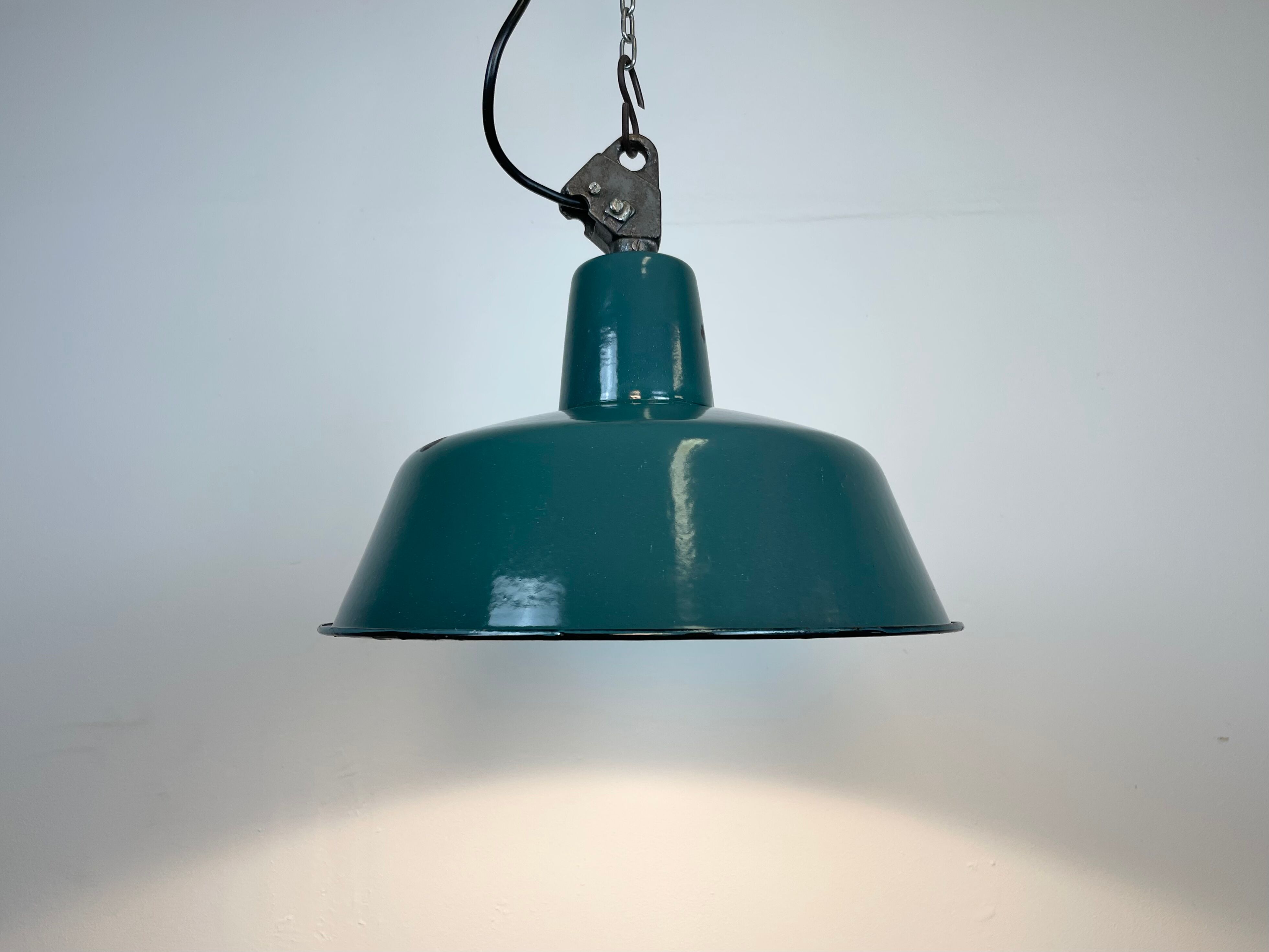 Industrial Green Enamel Factory Lamp with Cast Iron Top, 1960s