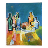 Nature morte aux bouteilles, huile sur toile signé Miguel Anibal 1989