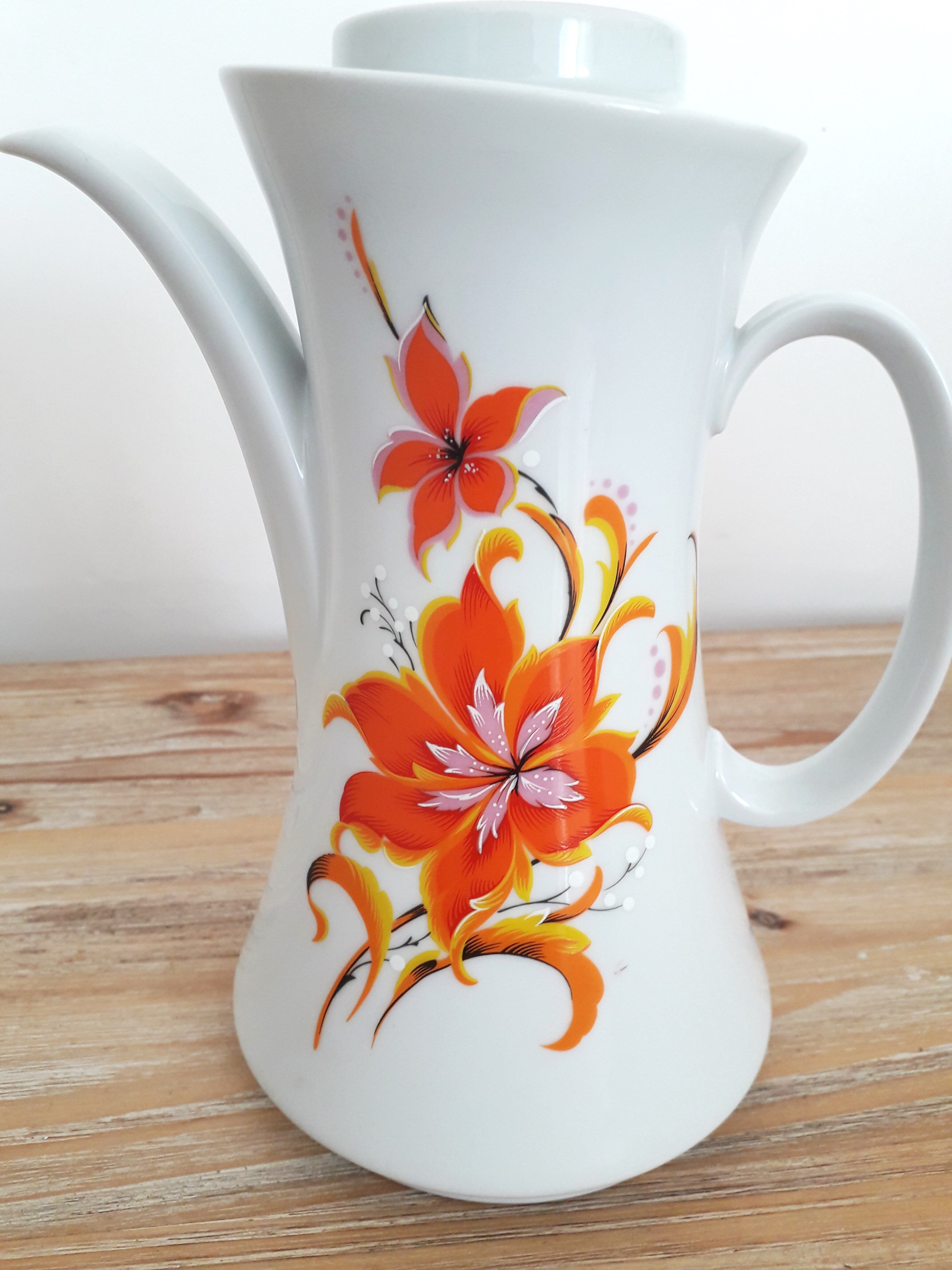 Vintage teapot / coffee maker - Bavarian porcelain - Orange flower décor - 1970