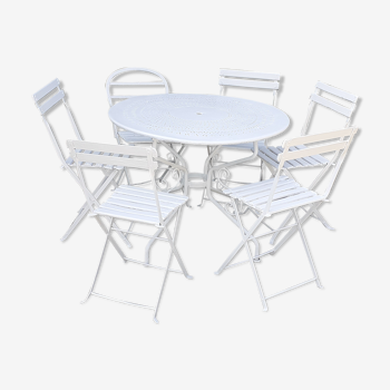 Salon de jardin 1 table 6 chaises bois et métal blanc ancien