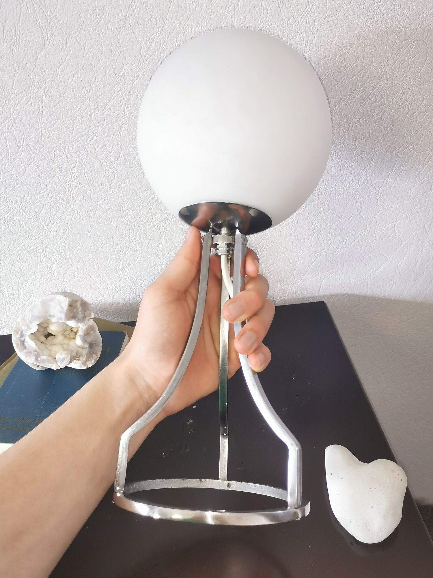 Lamp sphere of frosted glass, chrome steel, art deco, 1950