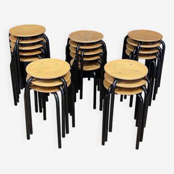 Set of 20 wooden school stools with black legs