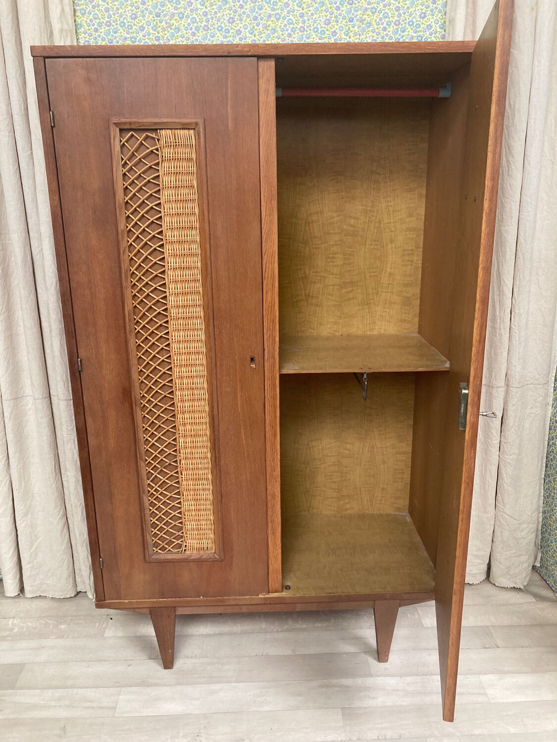 Vintage wood and rattan cabinet