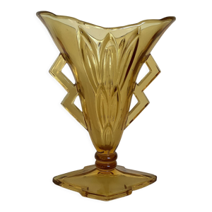 Ancien vase verre jaune anses triangulaires