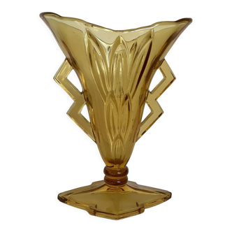 Old yellow glass vase triangular handles diamond base