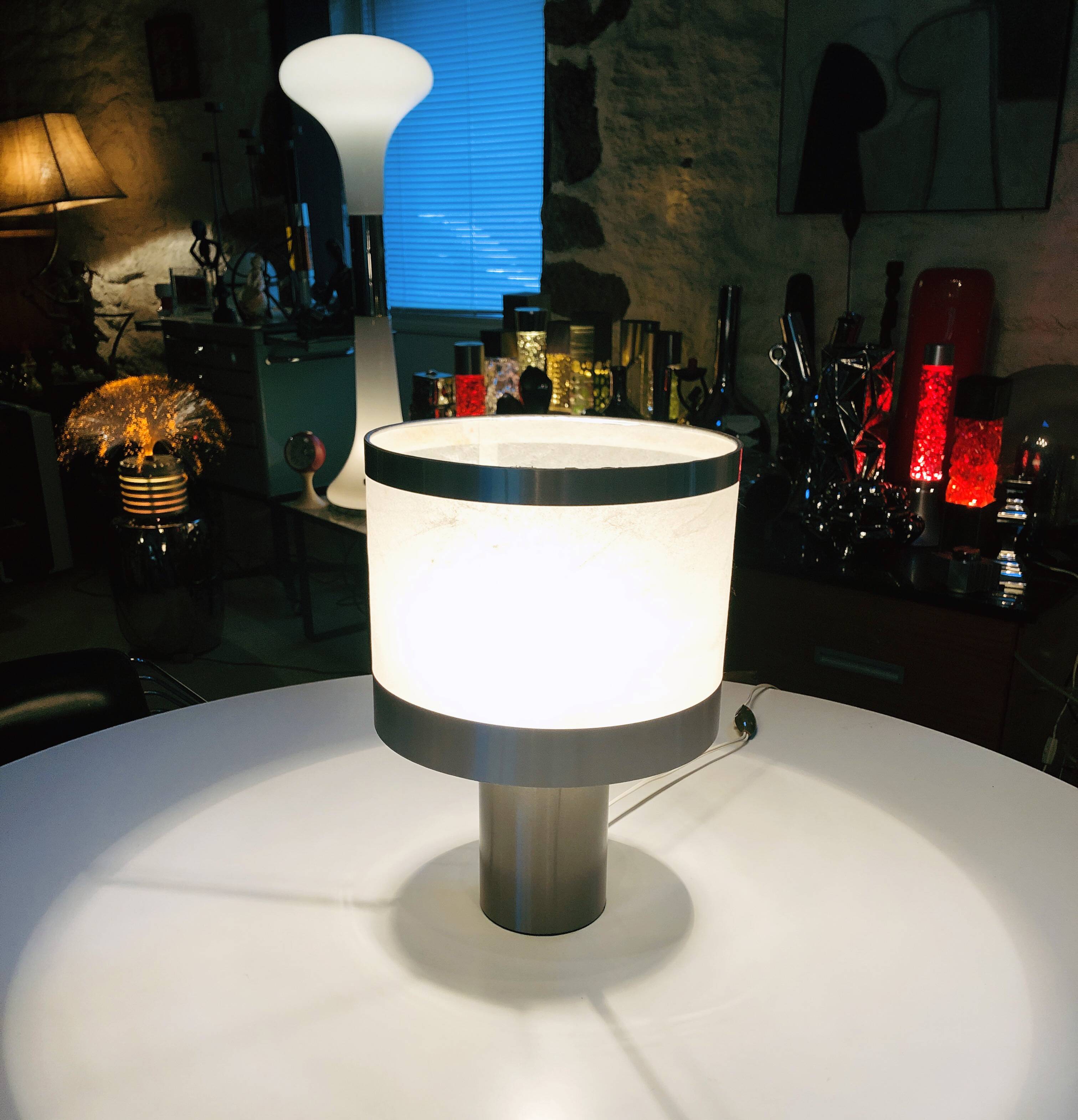 Vintage table lamp • gioffredo reggiani • cylinder • brushed steel • 1970