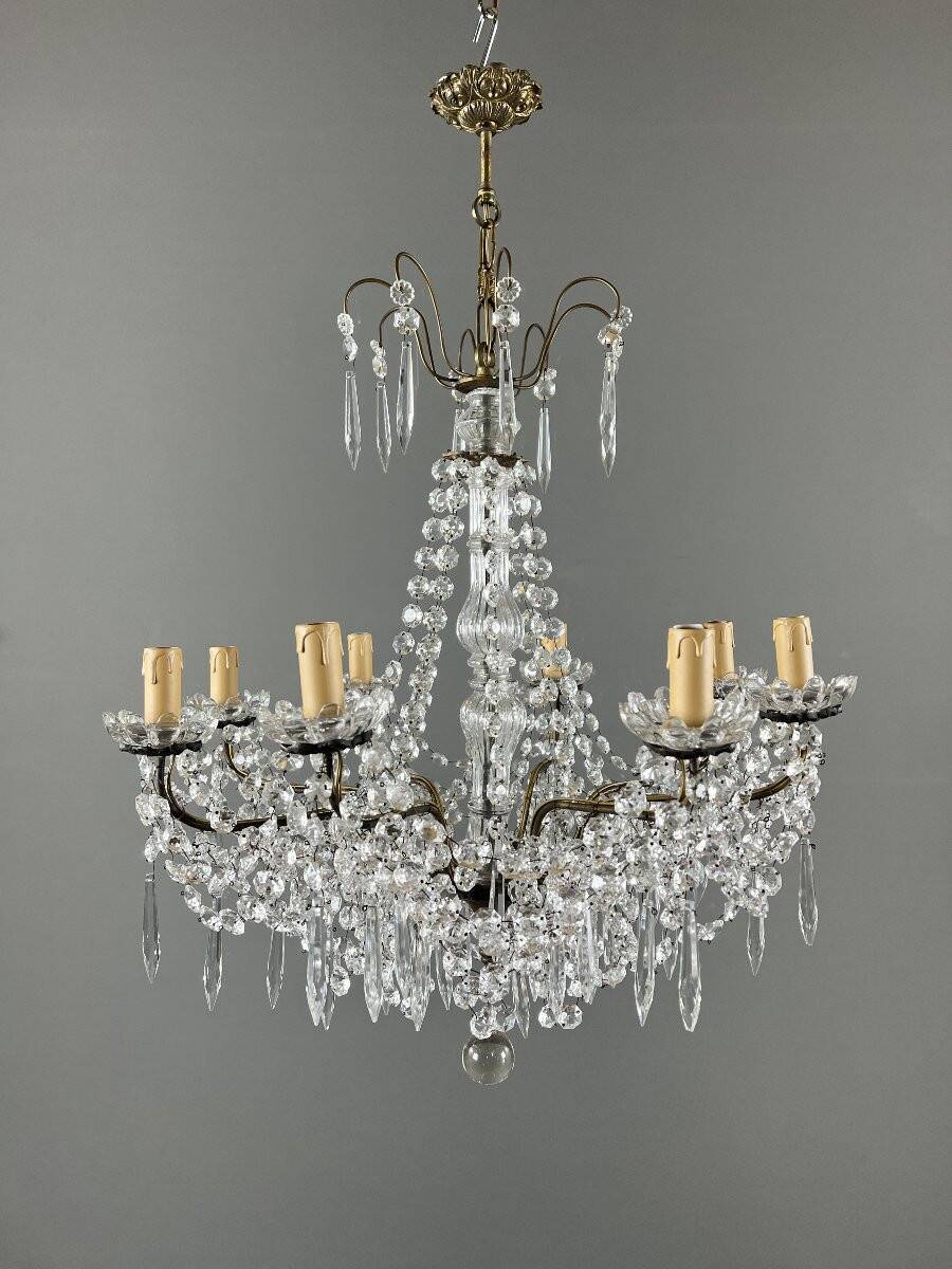 Lustre à pampilles en cristal et bronze, XXe siècle