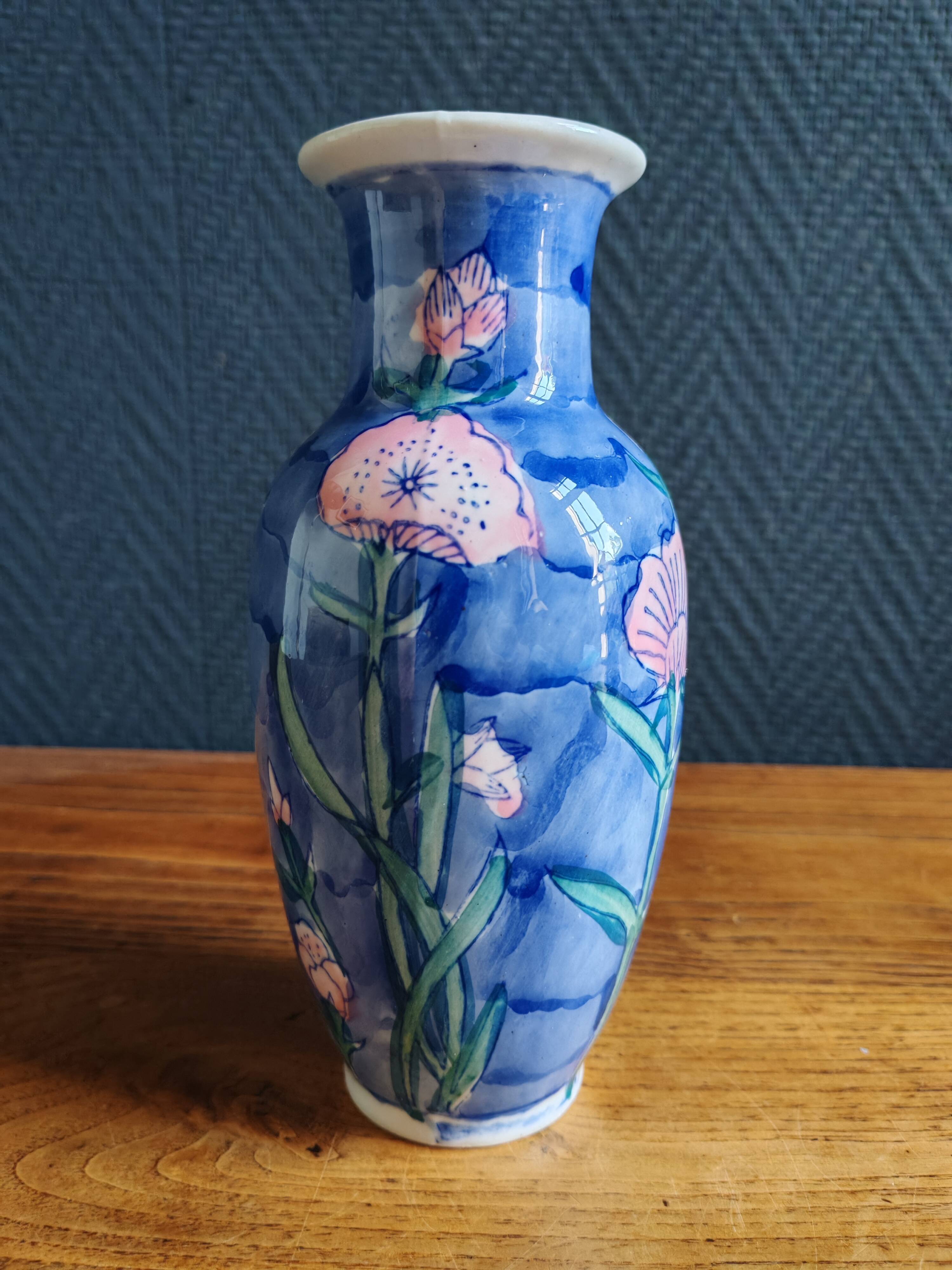 Vintage Blue Ceramic Vase with Pink Floral Decoration, Shabby Chic Style