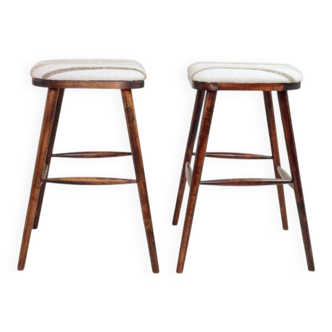 Pair of natural linen striped rustic bar stools