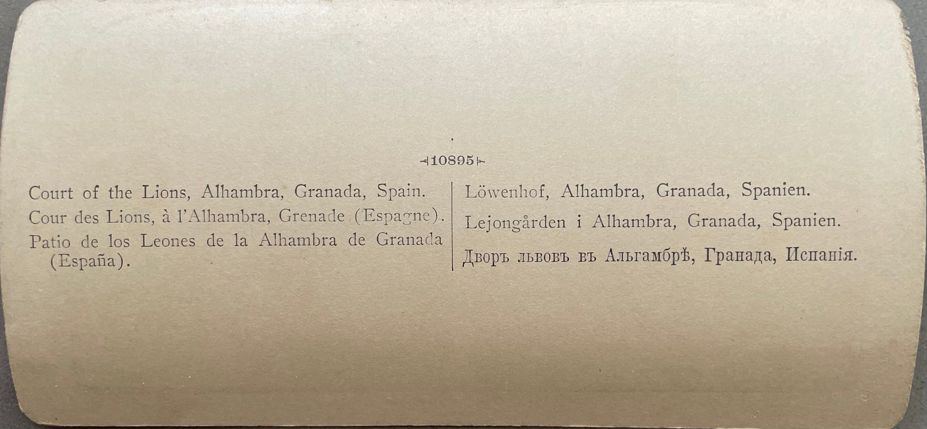 Old photography stereo, stereograph, luxury albumine 1903 Court of lions, Granada, Spain