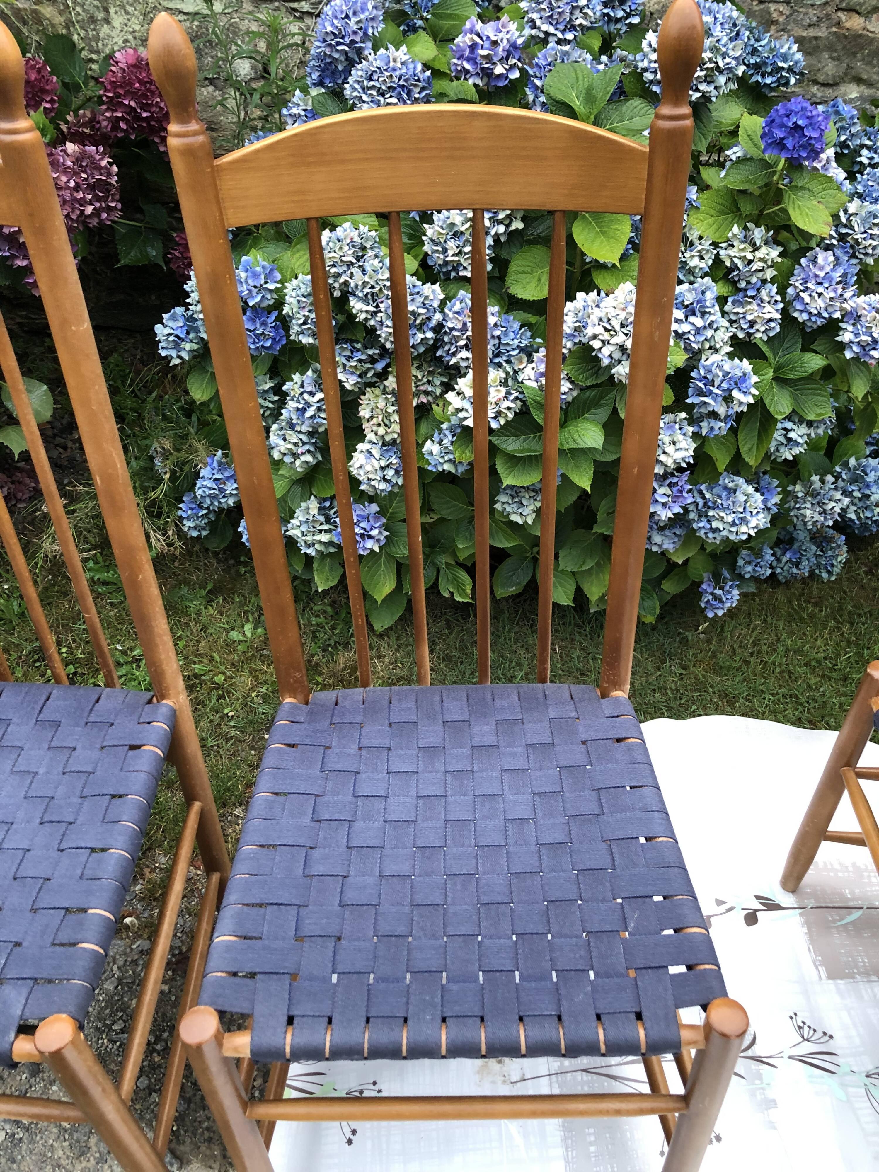 4 vintage Roche Bobois chairs from the 80s in beech with woven seats in blue fabric.