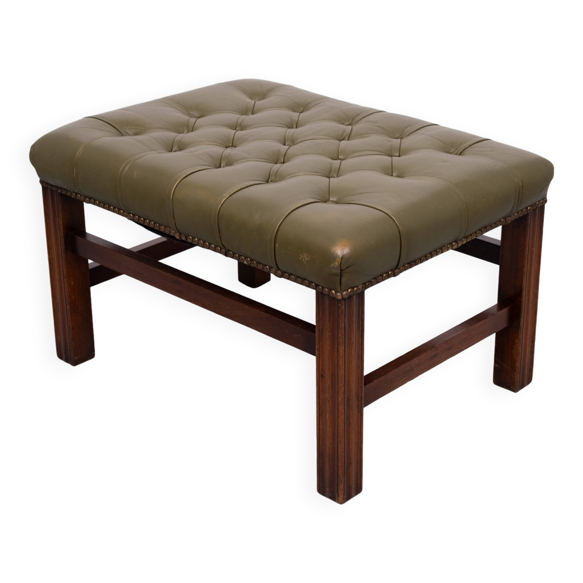 Capped Green Leather Chesterfield Foot stool 1960s England