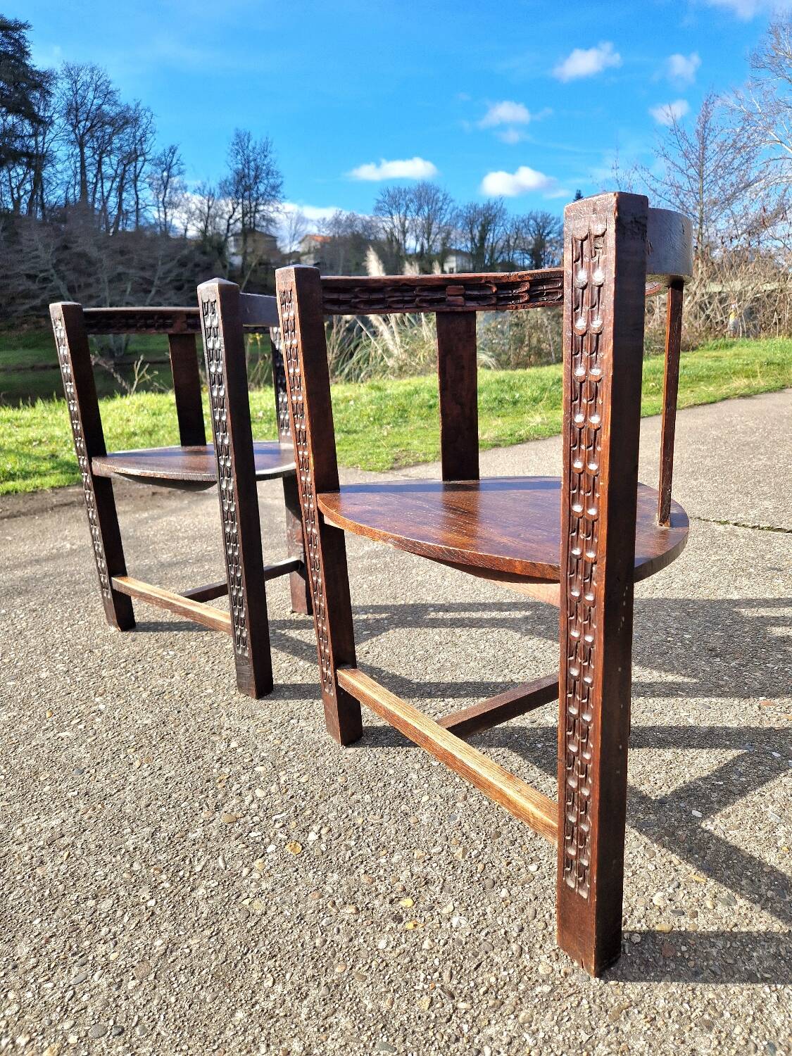 Pair of neo-Basque tripod armchairs