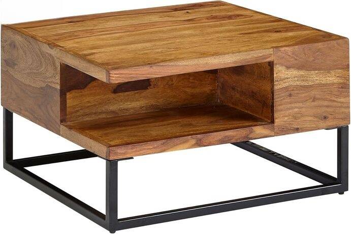Handcrafted Sheesham Wood Coffee Table – 60x60 cm – Industrial Design with Storage Compartment – Black Steel Legs