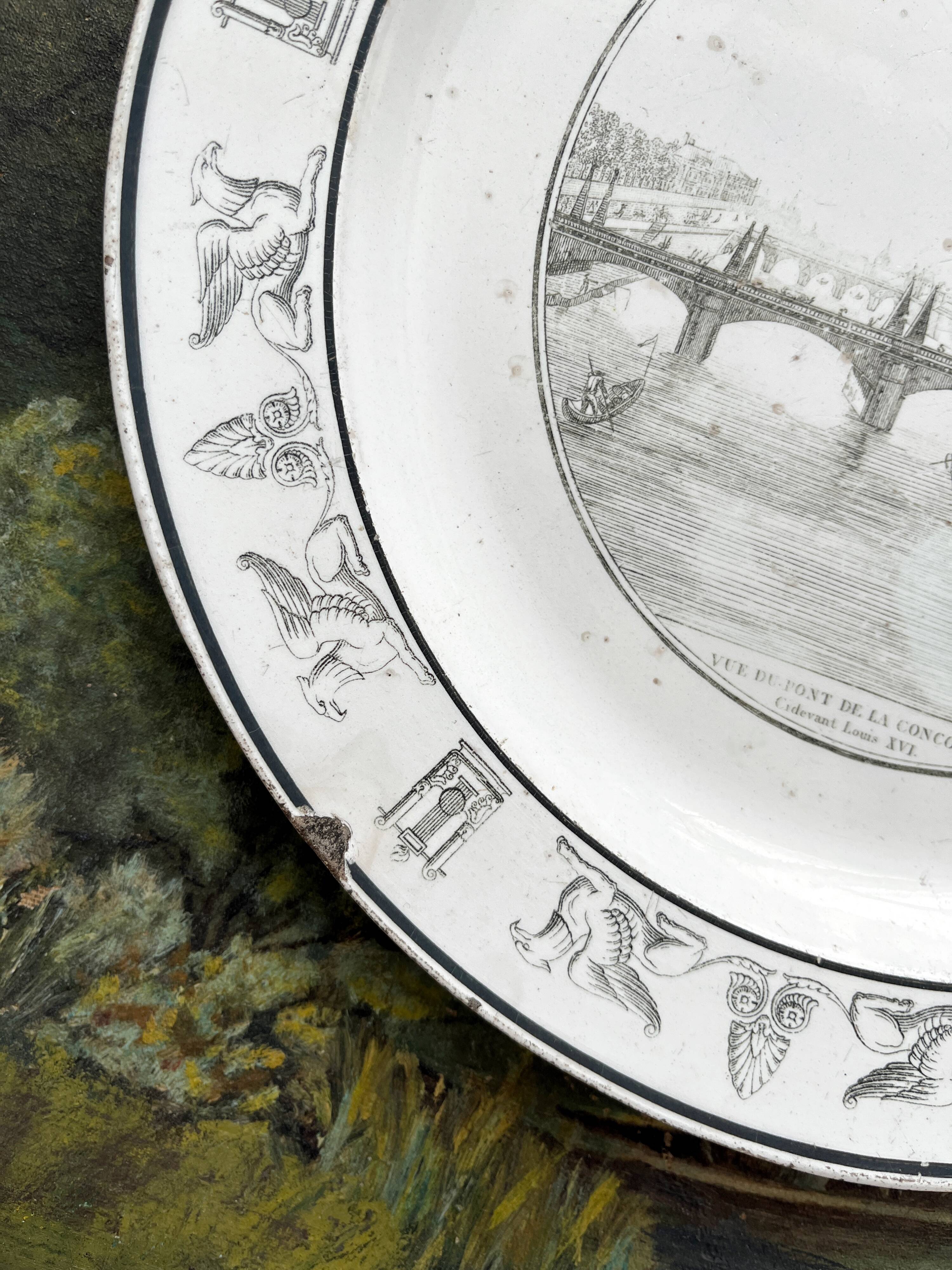 Antique fine earthenware plate "Pont de la Concorde" Creil, early 19th century